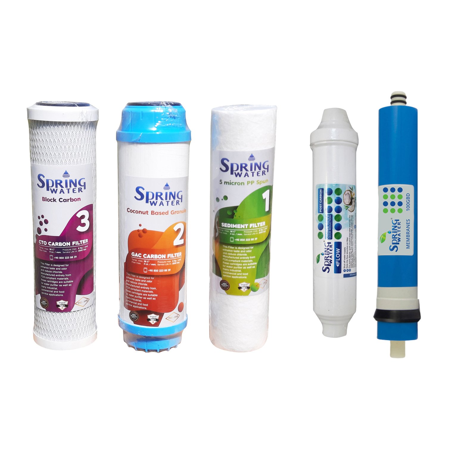 Spring Water Housing İçi 5’li Ön Filtre Seti – 10” (Sediment + 2x Karbon + 100 GPD Membran + Post Karbon Tatlandırıcı)